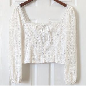 Joie Eyelet Embroidered Square Neck Long Sleeve Cropped Top White XS